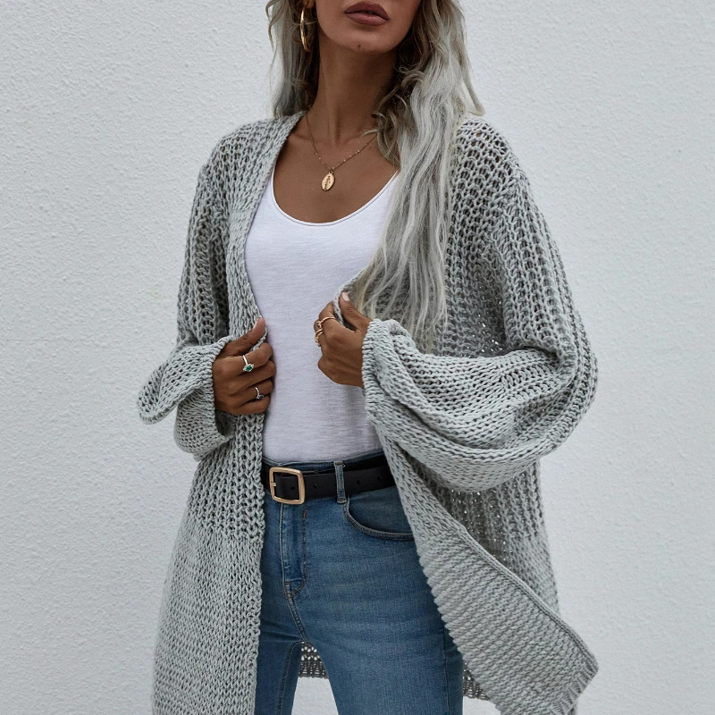 

Свободный кардиган, осенне-зимний женский свитер с рукавом-фонариком, кардиганы, Свободный вязаный кардиган в ленивом стиле, длинный свитер...