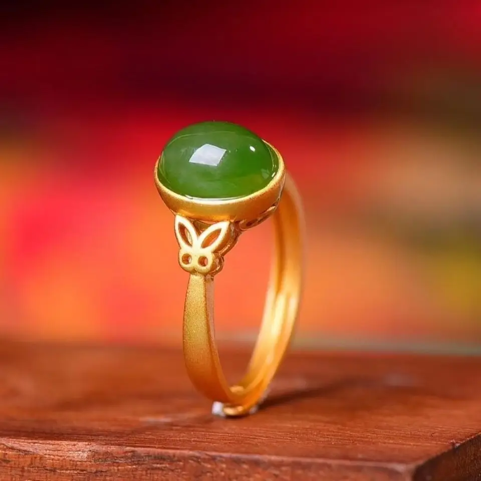 

Vintage Ring Chinese Royal Court Style Classical Ring Opening Adjustable Fat Hand Large Natural Hetian Jade Ring Women