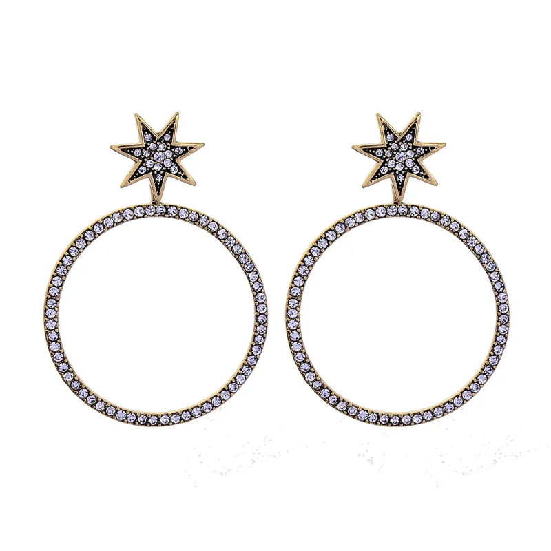 Kissme, изысканные круглые висячие серьги с кристаллами в форме звезды для женщин, подарок, Винтажный Золотой цвет, модные ювелирные аксессуары