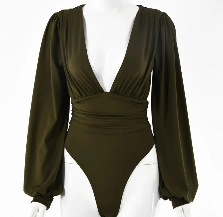 DA 1453b 2020 sexy deep V pleated lantern sleeve bodysuit