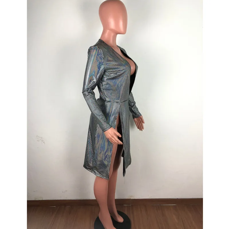 

Women's Sexy Bronzing Long Sleeve Deep V Neck Split Midi Dress