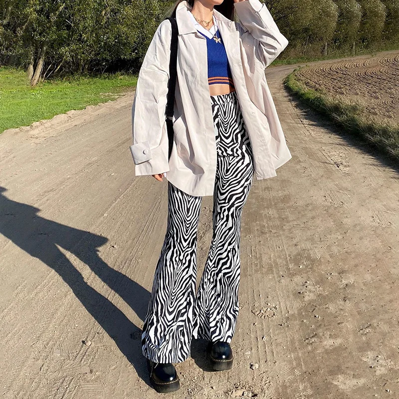 

Zebra Print High Waisted Long Trousers Ladies Vintage Fashion Skinny Flare Pants Women Streetwear Summer Sweatpants