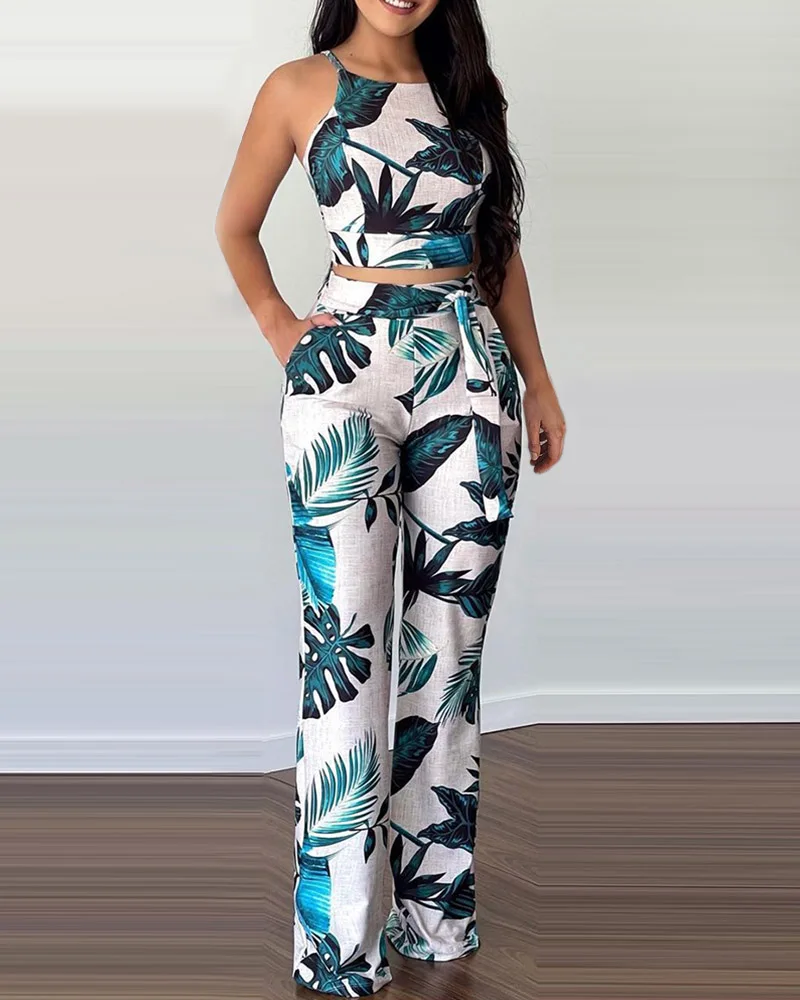 

Women Tropical Print Crop Top Set Vacation Sleeveless Casual Long Pants 2PCS Set. 2021