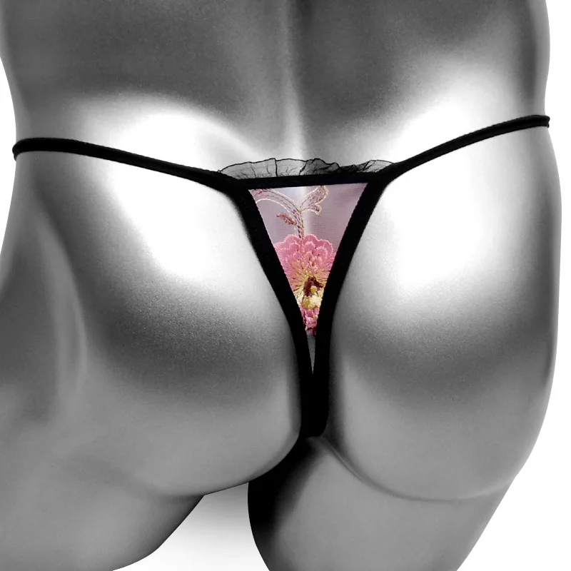 Розовые трусики-стринги с цветочной вышивкой мужские трусики открытой