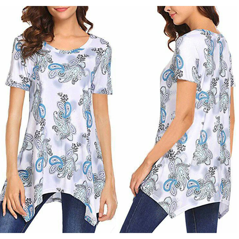 

Asymmetry Printed T-shirt Women Loose Top Fashion O-neck Casual Tees Shirt