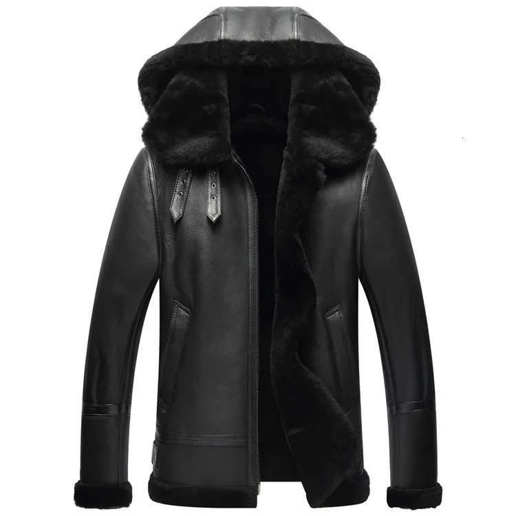 Black youngle hooded Куртка из натуральной кожи, зимняя мужская куртка из настоящей овчины, мужская куртка из натурального меха ягненка, летная куртка-бомбер размера плюс 710 MY - Цвет: Black youngle hooded