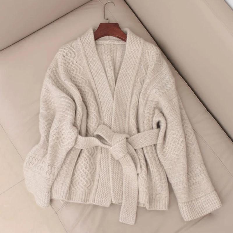 Осенний свитер женский кардиган из чистого кашемира с поясом утепленное платье
