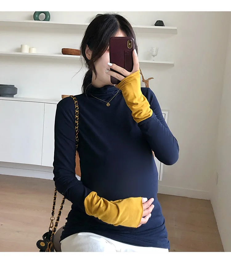 

2019 Pregnant Clothes womens Maternity Winter tops contrast blouse mochila maternal High collar T shirt Keep Warm clothing