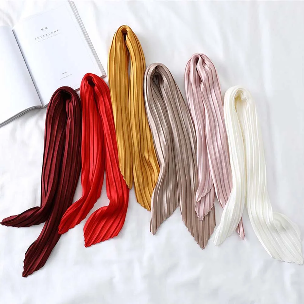 Hot Sell Elegant Women's Small Silk Square Scarf Satin Solid Color Ladies Pleated Twill Stretchy Scarves Foulard Neckerchief |