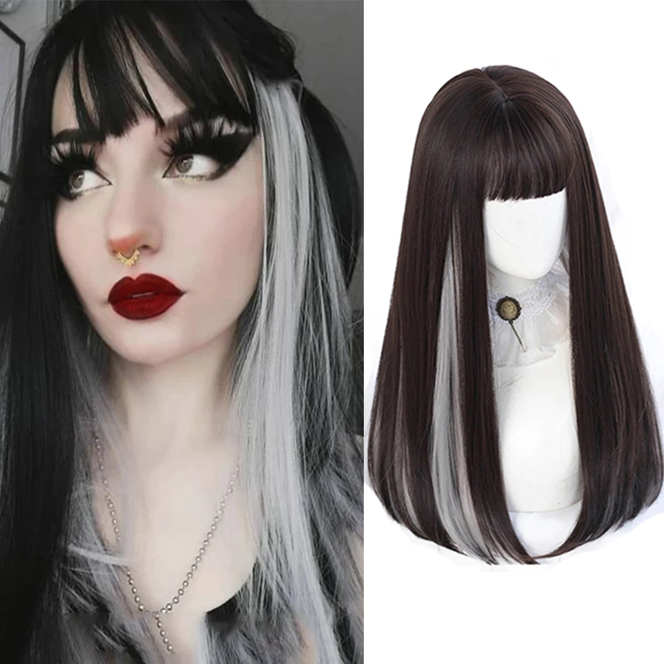 

HOIUYAN Long straight hair silver bangs dyed synthetic wig natural Harajuku women Lolita cosplay