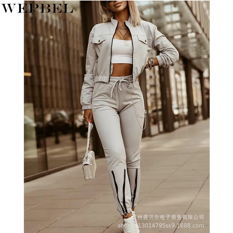 

WEPBEL Fashion Women Tracksuits Patchwork Two Piece Sports Wear Zipper Design Long Sleeve Coat & Drawstring Pants Suit Set