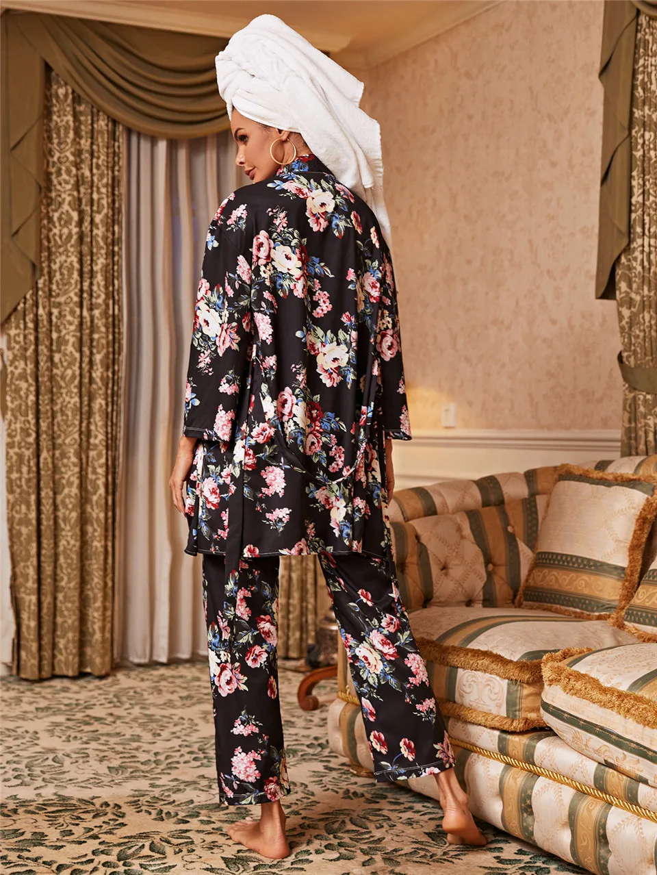 

Sexy Leopard Sleepwear Floral Bathrobe + Pajamas Set Lace Top Robe Long Kimono Soft Nightie Peignoir Sets