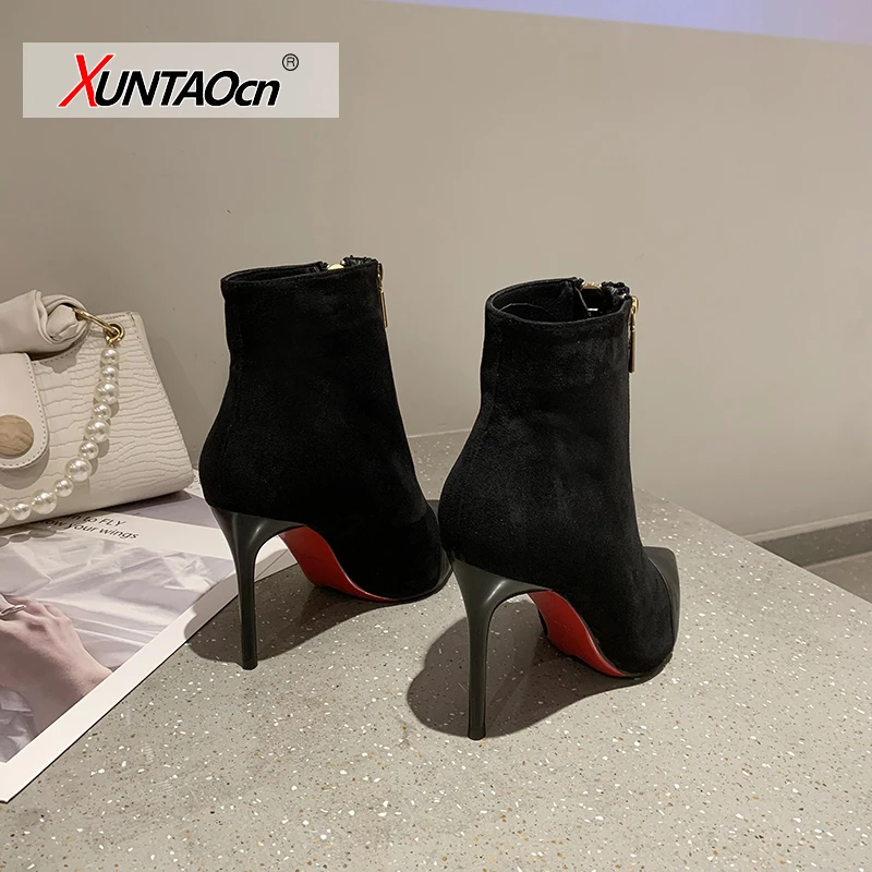Short boots women's mid-heel pointed suede fashion boots autumn winter 2023 Korean version of the new front zipper women's shoes