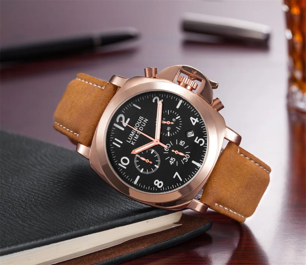 

KIMSDUN Chronograph Watch Men Fashion Trend Military Luminous Army Clock Luxury Leather Strap Quartz Wrist Leisure Relogio