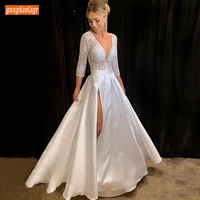 new fashion white deep v neck evening gowns lace 34 sleeve satin side split a line long dresses evening girl formal party dress