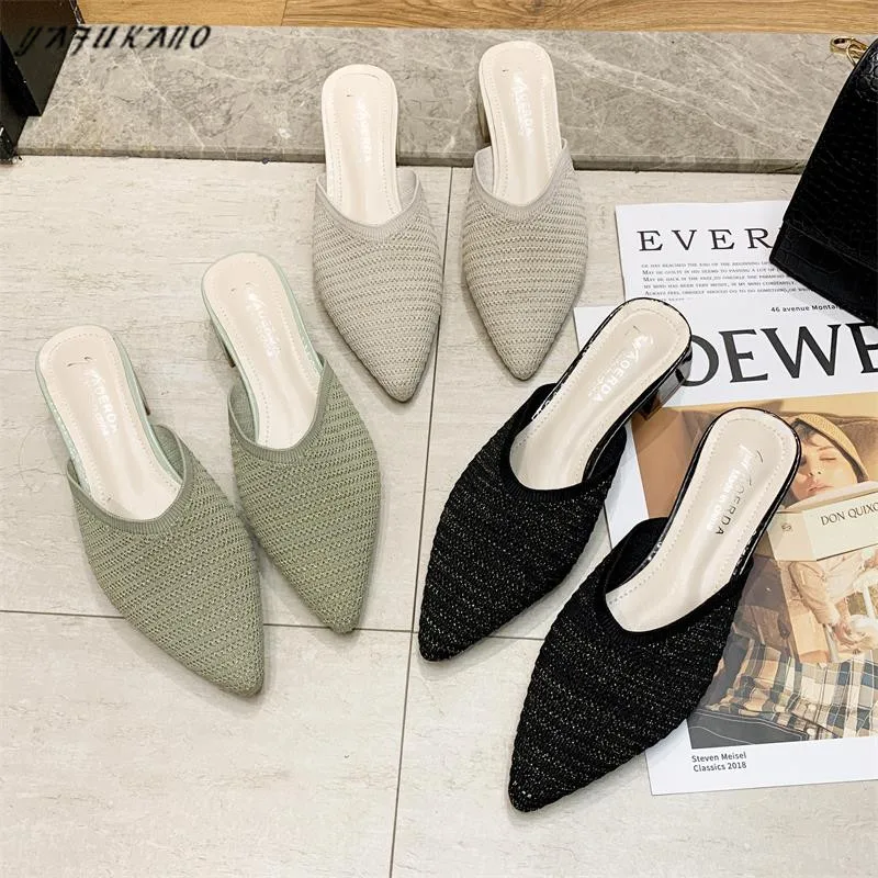 

2021 Summer Knitting Women Slipper 3 Cm Low Heel Slides Female Pointed Toe Square Heel Sandal Vacation Flip Flops mujer Shoes