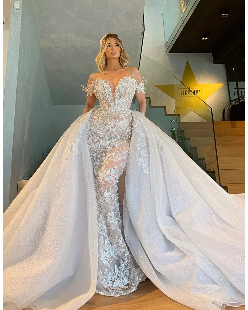 

Luxury Appliques Mermaid Wedding Dresses Beads 3D Floral Off The Shoulder Bridal Gowns With Detachable Train Vestidos De Novia
