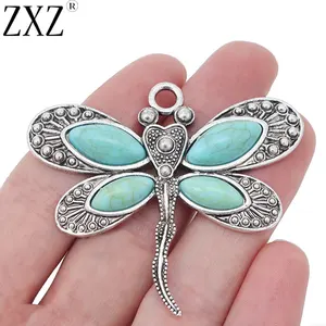 2 шт., из серебра Подвески с кулоном стрекозы пробы, с искусственными БИРЮЗОВЫМИ камнями, 61x54 мм