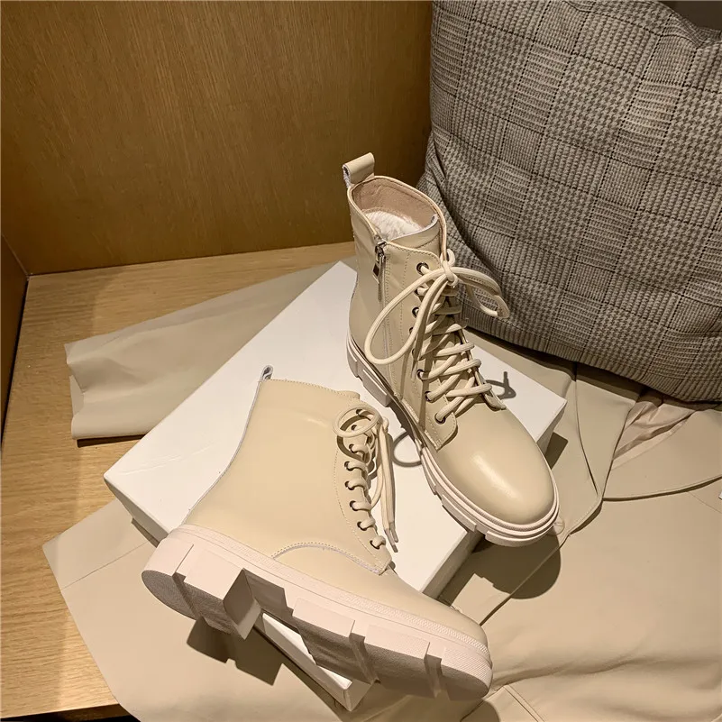 

ANNYMOLI Motorcycle Boots Woman Real Leather Platform High Heel Ankle Boots Zip Chunky Heel Short Boots Lace Up Female Shoes 40