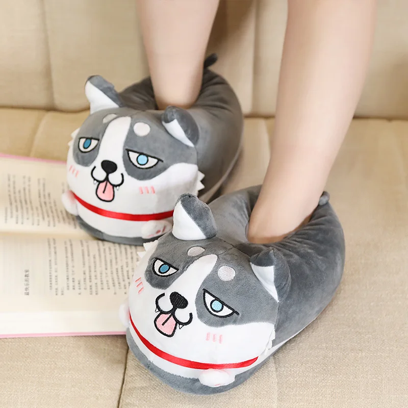 36-44yead Cute dog husky warm cotton slippers fat shoes men and women couple's bedroom cotton shoes mute