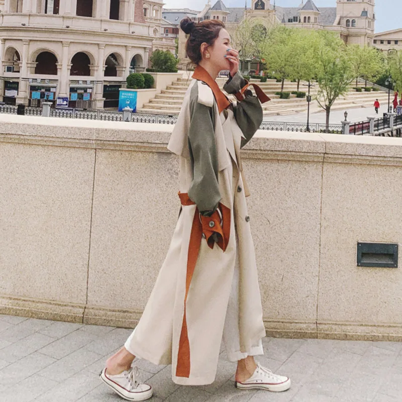 

2020 autumn stitching contrast color waist slimming trench long coat new fashionable lapel windbreaker for Women K506