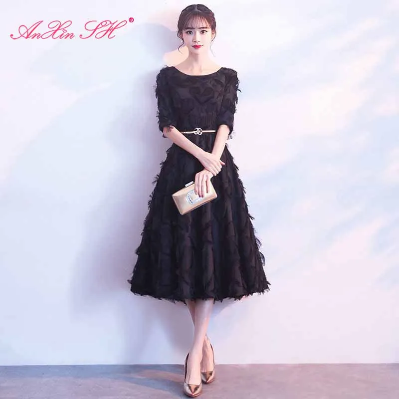 AnXin SH принцессы Круглая горловина черное кружевное короткое вечернее платье в