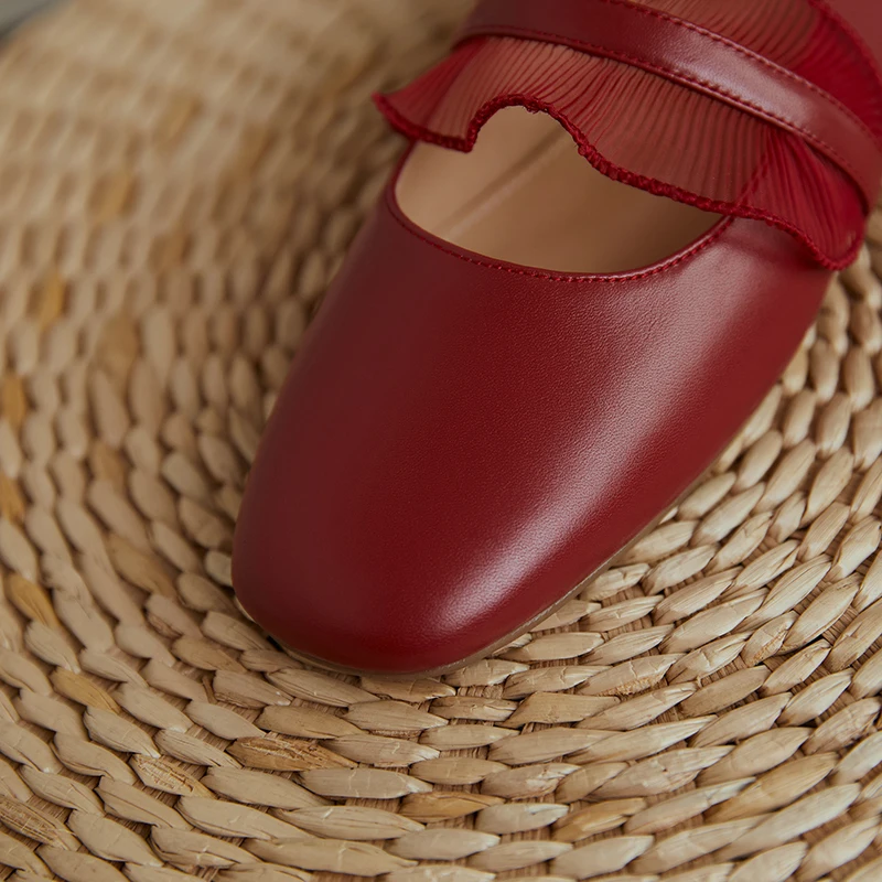 

Casual style comfortable round toe natural leather flat with women's shoes fashion mesh slip-on black beige red Mary Jane shoes