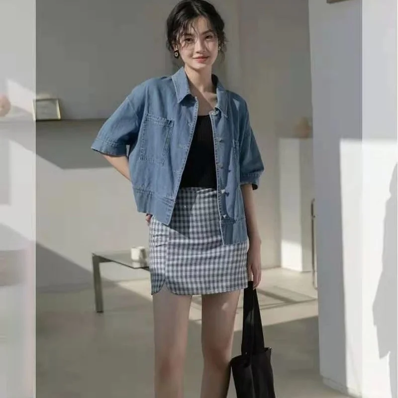 

Shirts Women Denim Half Sleeve Turn Down Collar Streetwear Cool Chic Leisure Fashion Young Korean Style Student Prevalent Female