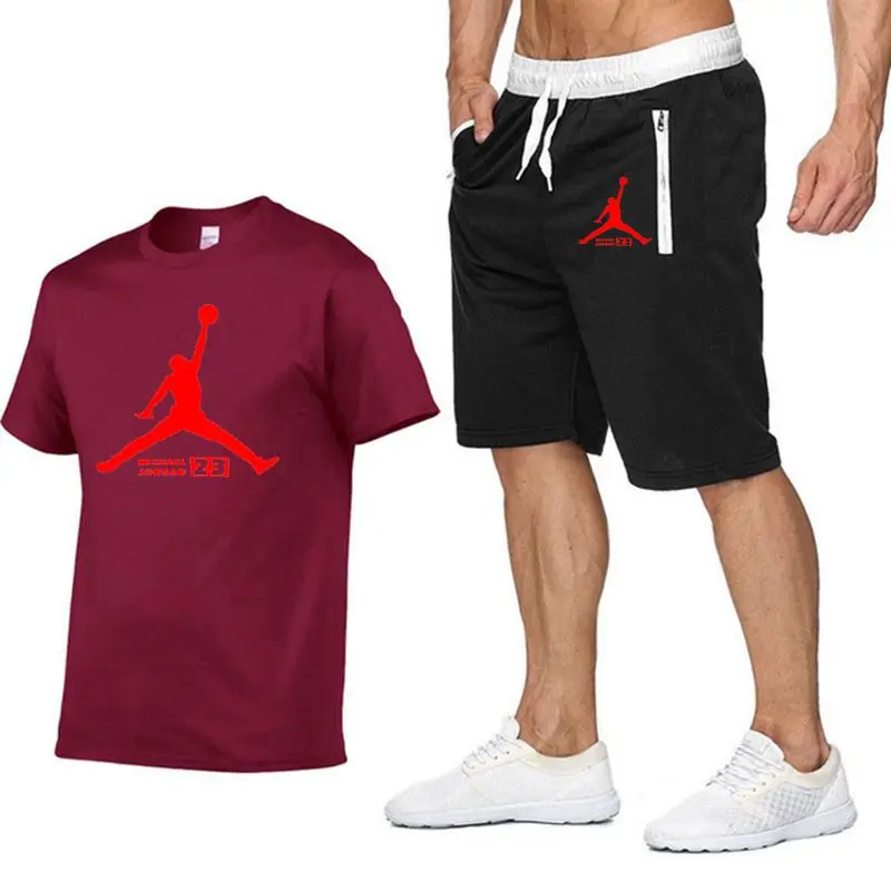 JORDAN 23 спортивный костюм с принтом футболка+ шорты модные тенденции в Фитнес хлопок брендовые футболки для мужчин бодибилдинг одежда M-XXL - Цвет: Dark red