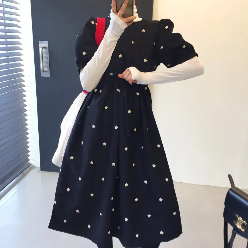 Южная Корея шик нежный ретро круглый вырез горловины с простой вышивка маленькая