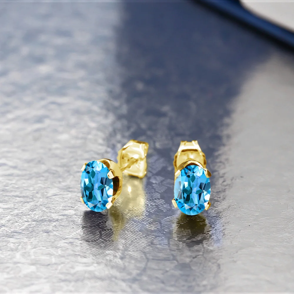 GemStoneKing 1,10 карат овальной формы, натуральный голубой топаз, Серьги с драгоценными камнями, покрытые желтым золотом, серебряные серьги-гвоздики для женщин