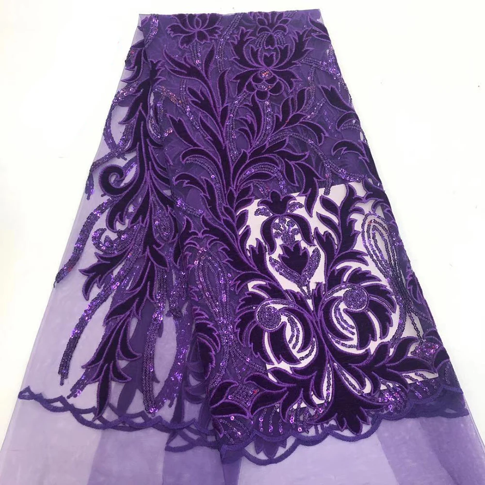 

High quality purple African french net velvet lace embroidery glitter voile organza cord sequins mesh tulle lace for women dress