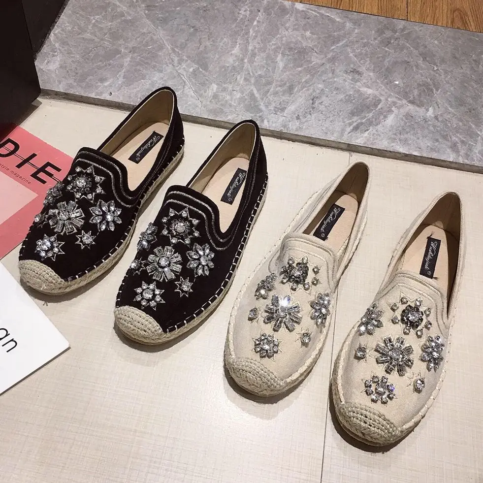 

Women Espadrilles Rhinestone Flats Crystal Loafers Autumn Spring Casual Shoes Lady Cane Moccasins Hemp