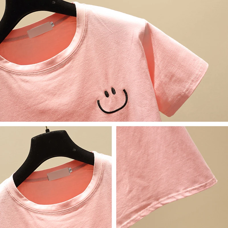 

Summer New Cotton t Shirt Women Clothes Embroidery Korean Casual Tee Shirt Femme Tops Round Neck Solid All-Match t-Shirts Woman