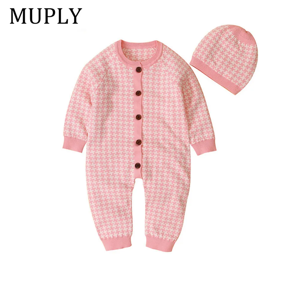 

2PCS Newborn Baby Knitted Solid Jumpsuit Girl Boy Clothes Long Sleeve Autumn Romper Long Sleeve Headband Outfit Clothes+Cap