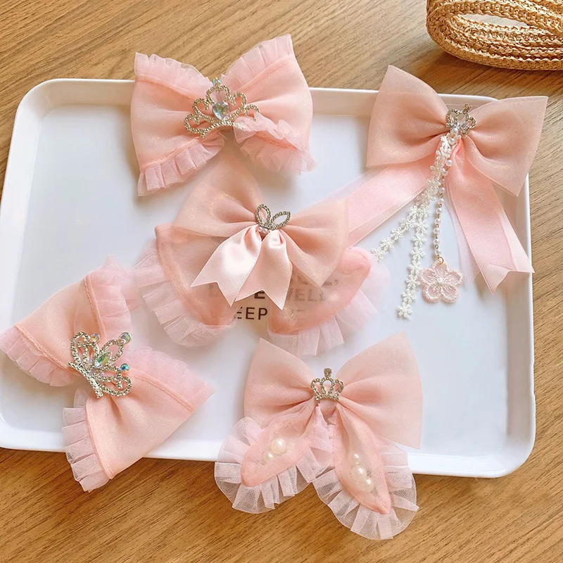 

Soft Pink Mesh Hair Bow Clips Crystal Rhinestone Crown Princess Hairpins Lace Flower Bowknot Streamer Headwear Sweet Accessoires