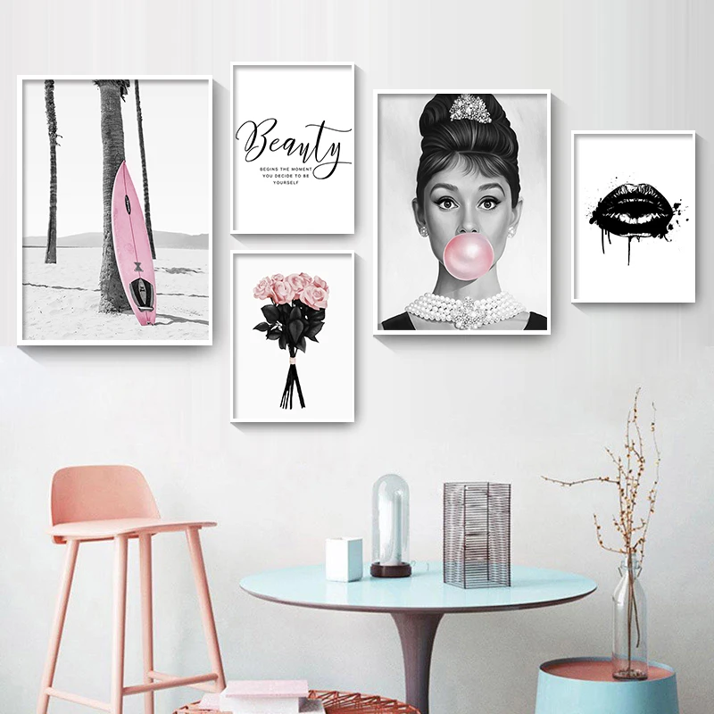 

Nordic Black White Pop Audrey Hepburn Bubble Fashion Print Poster Art Wall Canvas Painting Picture For Living Room Decoration