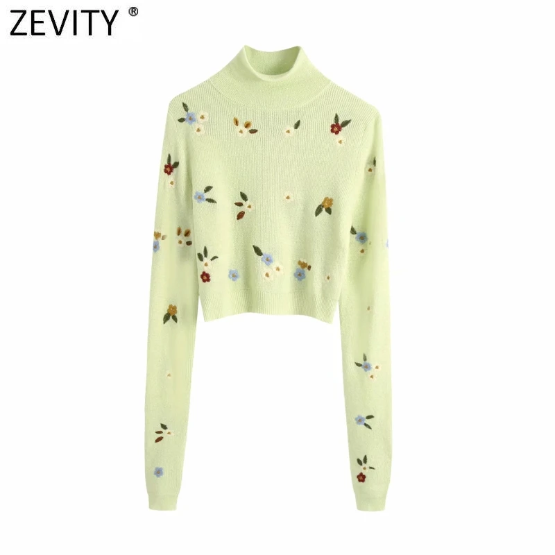 

Zevity 2021 Женская мода воротник-хомут с цветочной вышивкой короткий вязаный свитер женские шикарные пуловеры с длинным рукавом Топы S686