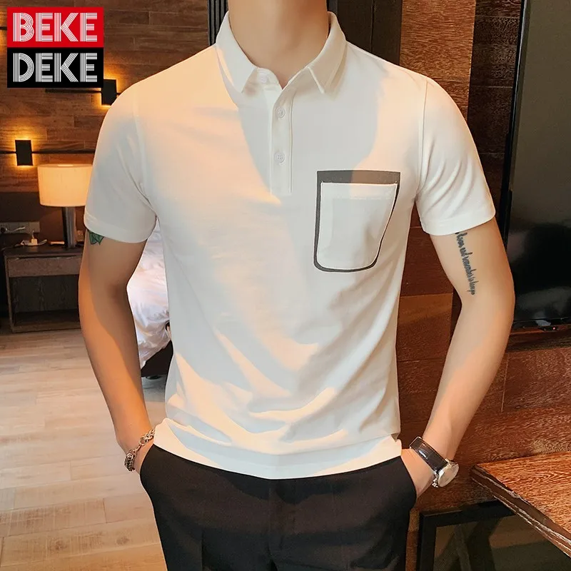 

Korean Style Summer 2021 New Mens Turn-Down Collar Pockets Design Vintage Pullover Fashion Short Sleeve Casual Slim T-Shirts