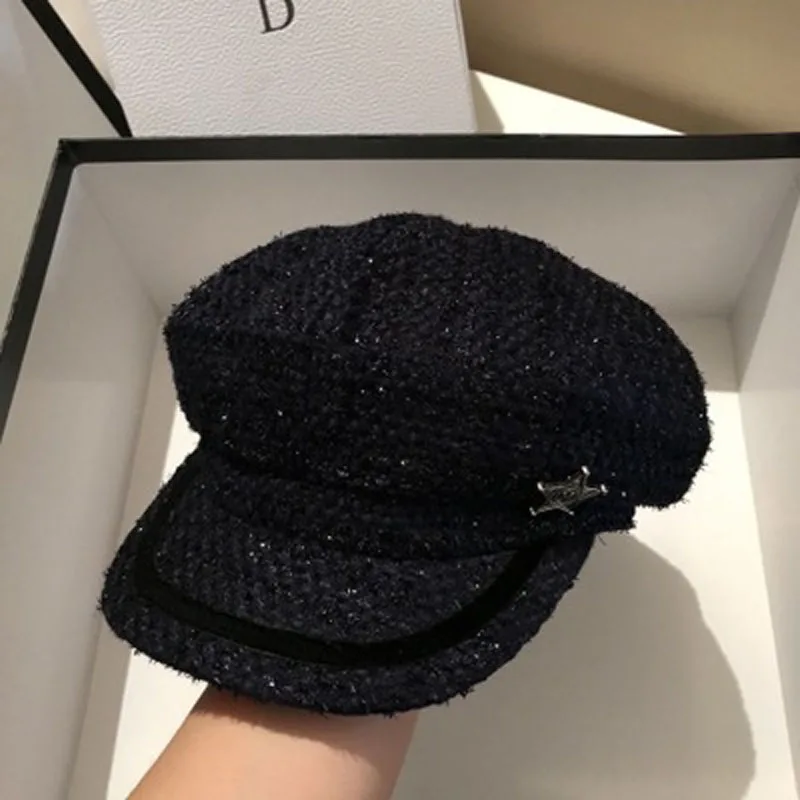 

PCFDDR Autumn and winter NAVY HAT women's net popular British fashion brand octagonal hat Korean bright silk tweed Beret.