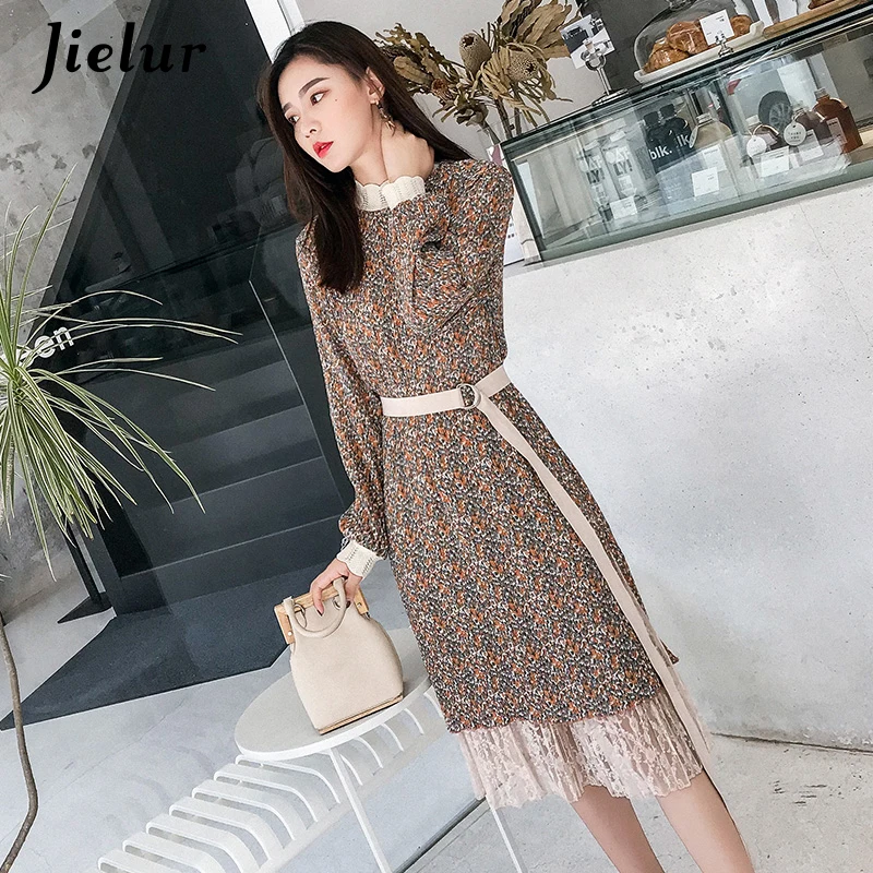 Jielur 2020 Autumn Khaki Floral Dress Women Chic Sashes Elegant Lady Chiffon Dresses Lace Slim Fashion OL Korean Vestidos S-XXL | Женская