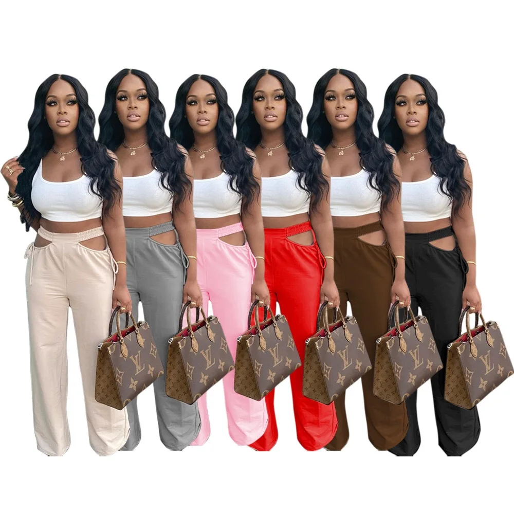 

2021 New Design Hollow Out Waist Wide Leg Pants Fashion Women Solid Color Sides Bandage Bell Bottoms Female Flare Sweat Pants