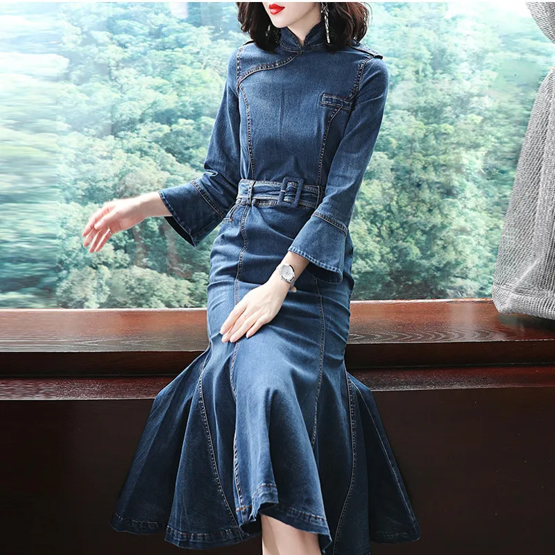 Женское джинсовое платье cheongsam длинное с воротником-стойкой весна-осень 2019 |