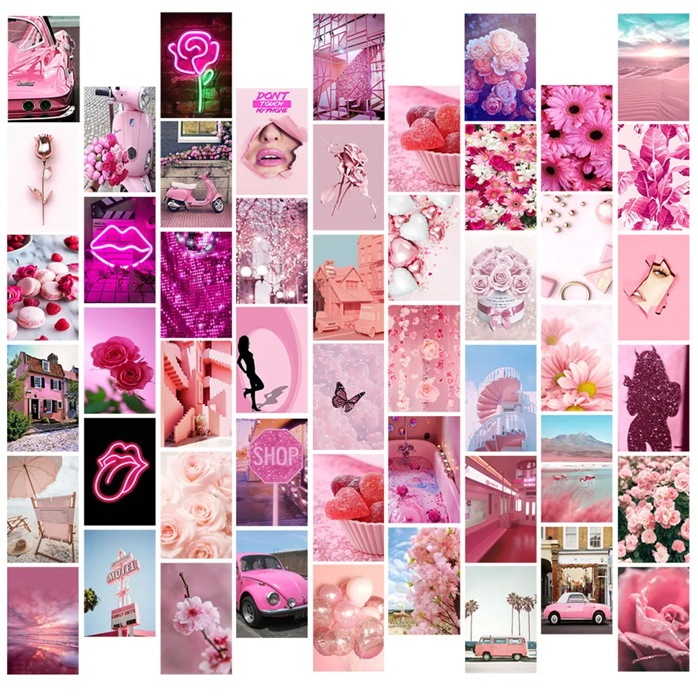 

50Pcs Photo Collage Kit Cute Girl Pink Aesthetic Postcard Cute Car Rose Flower Poster for Indie Bathroom Girl's Room Decoration