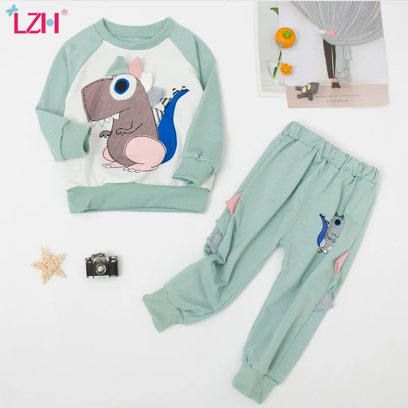 

LZH Childrens Clothing 2021 Autumn Kids Baby Boys Girls Dinosaur Printting Long Sleeves Pullover Sports Suit 2Pcs Set 1-5 Years