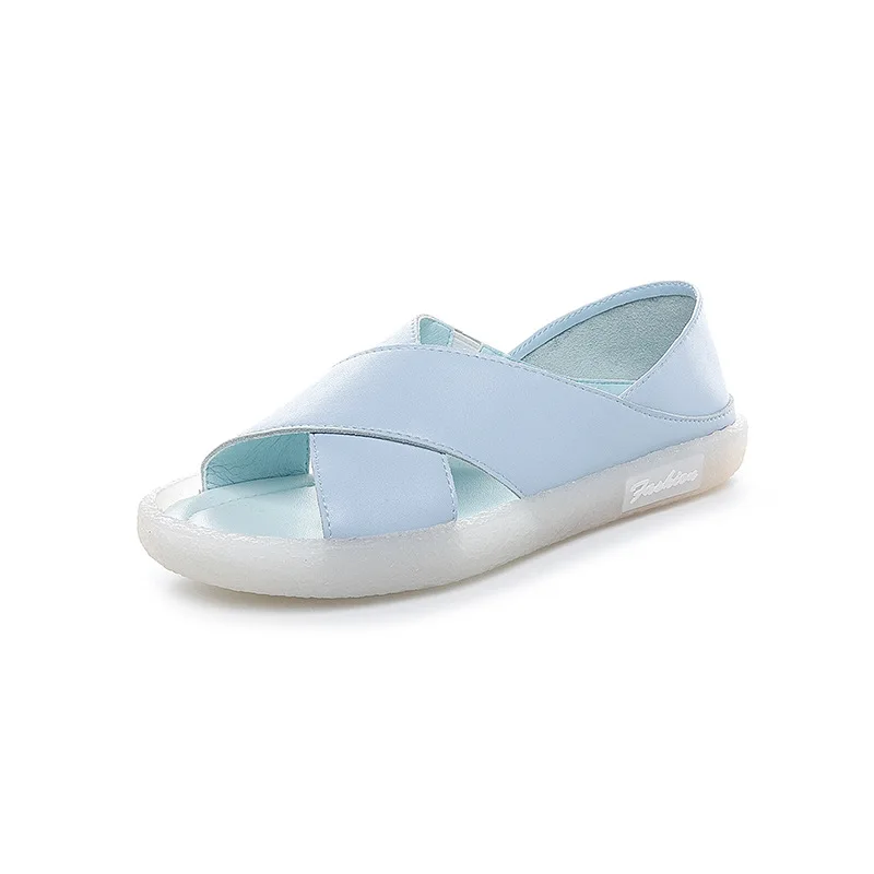 

2021 Summer All-Match Low Sandals Woman Leather Suit Female Beige Strappy Heels Two Weare Soft Cross Womens Shoes Low-heeled Co