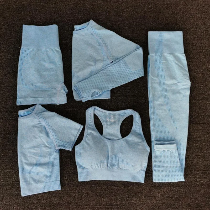 New 5 PCS Women Seamless Yoga Set Fitness Sports Suits GYM Clothing Yoga T-Shirts+High Waist Leggings+Bra+Shorts Workout Sets