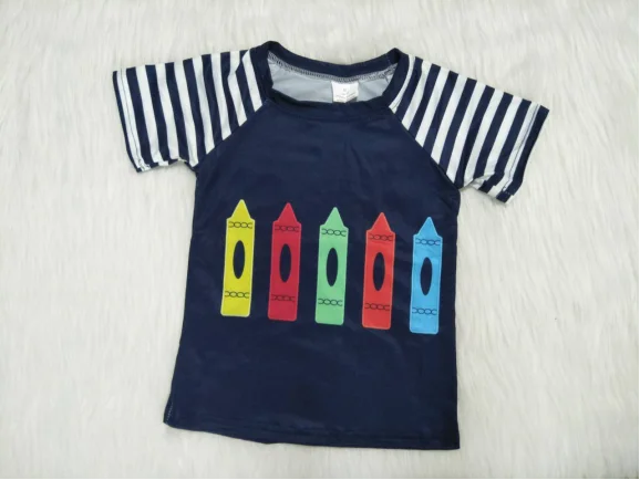 

5 colorful pencil embroidered boy's striped T-shirt short sleeve top back to school children's clothes wholesale