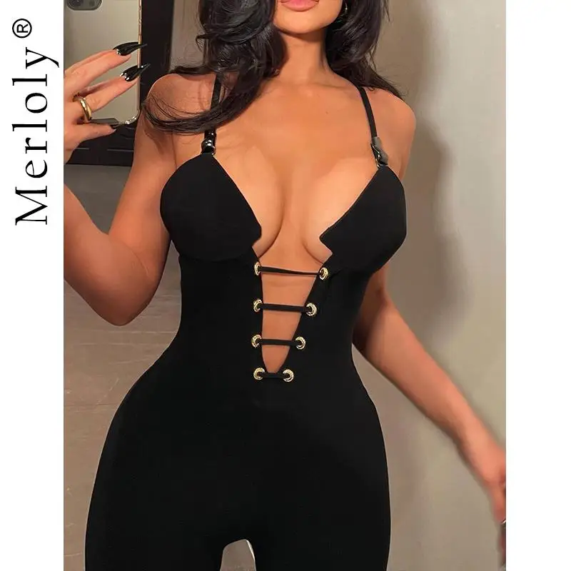 

Женский Облегающий комбинезон на бретелях-спагетти, черный комбинезон с вырезами и открытой спиной, праздвечерние чные комбинезоны знамен...