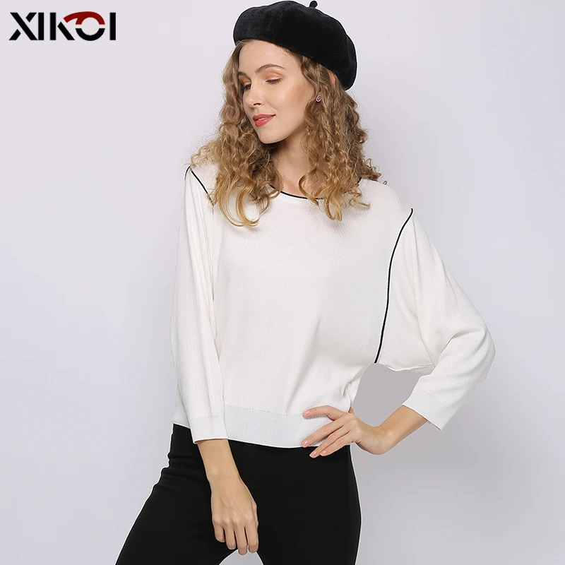 XIKOI весенние женские однотонные короткие свитера с круглым вырезом